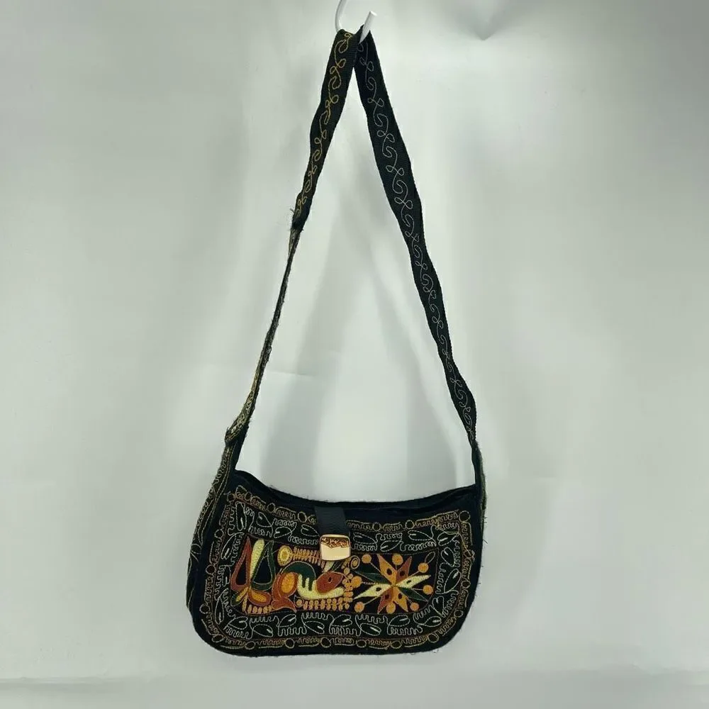 Womens Boho Bag Embroidered Handbag Purse handmade Black Multicolor